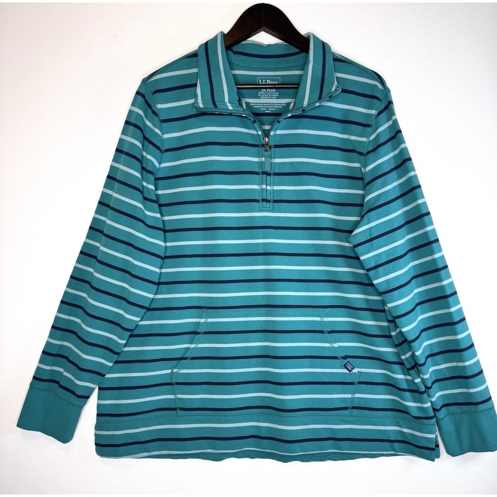 LL Bean Womens Sweatshirt Tunic Size 2X Quarter Zip Teal Stripe Coastal Comfort